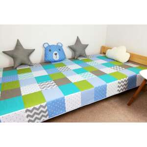 Szürke-kék-menta patchwork ágytakaró, kézzel készített, gyerekeknek, hálószoba, dekoráció, egyedi design, pamut, steppelt, 200x110cm - Ágytakaró