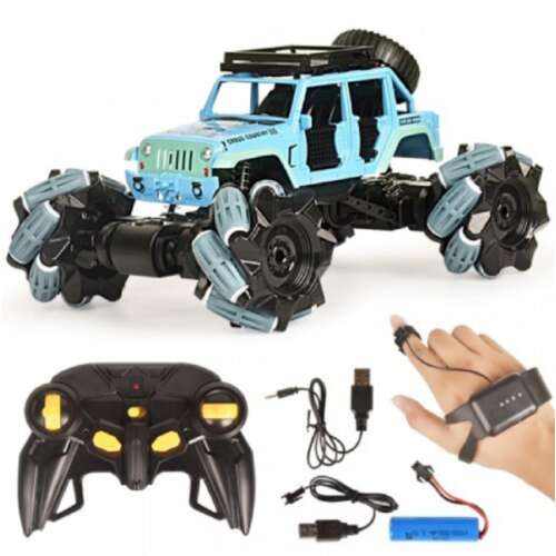 Távirányítós Jeep 360 fokos forgó kerekekkel, 1:18 méretarányú, sárga és kék színű, távirányítóval, USB töltővel, akkumulátorral és gesztusvezérlő csuklópánttal