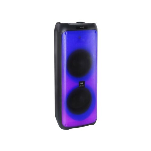 Vizualizare în unghi a boxei portabile de petrecere Trevi XF 4100 PRO cu lumini LED violet