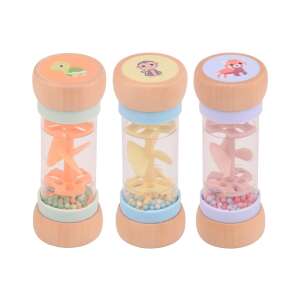 Комплект от 3 бебешки звънчета, дървени с прозрачна пластмасова тръба, пълна с цветни мъниста и въртящо се витло, с дизайни на животни отгоре - Игра за развитие на бебета