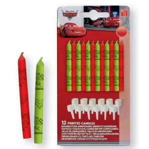 Świeczki urodzinowe Disney Cars 3, 12 sztuk, czerwone i zielone z wzorem wyścigowym - Świeczka urodzinowa i ozdoba tortu