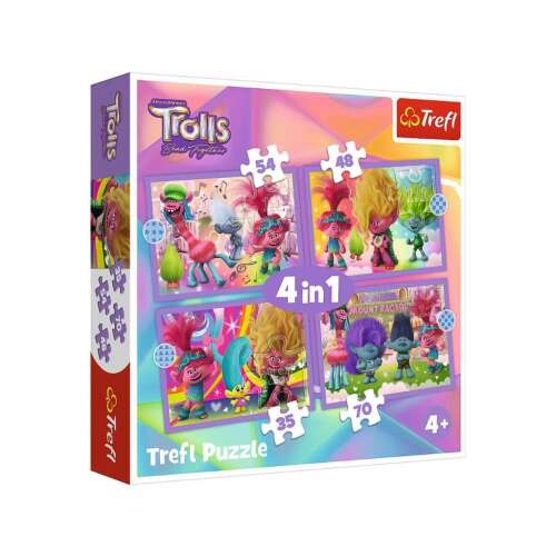 Set de puzzle Trolls 4 în 1 de la Trefl, cu 4 puzzle-uri diferite cu 35, 48, 54 și 70 de piese