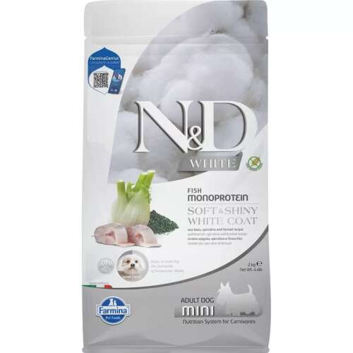 N&D White Dog Adult Mini 2kg száraz kutyaeledel tengeri sügérrel, spirulinával és édesköménnyel, puha és fényes fehér szőrzetért