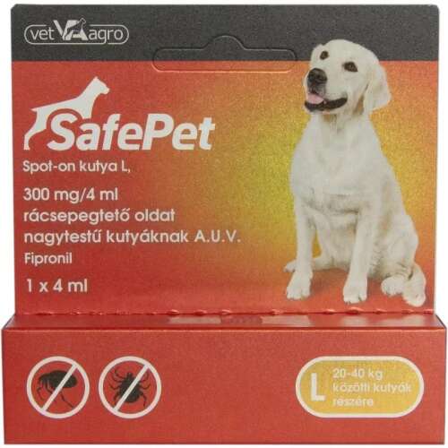 SafePet Spot-on kutya L, 300 mg/4 ml, nagytestű kutyáknak 20-40 kg, Fipronil, 1 x 4 ml - Bolha- és kullancsriasztó