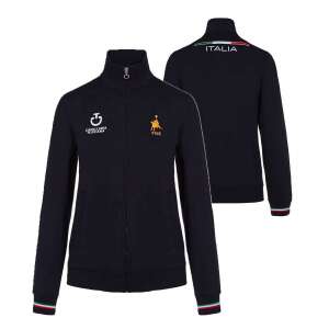 Cavalleria Toscana CT x FISE Junior lovas pulóver, sötétkék színben, teljes cipzárral, olasz zászló részletekkel az ujjakon, FISE logóval a mellkason, Cavalleria Toscana logóval a bal ujjon - Gyerek pulóver