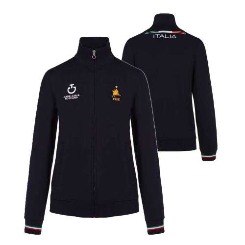 Cavalleria Toscana CT x FISE Junior lovas pulóver, sötétkék színben, teljes cipzárral, olasz zászló részletekkel az ujjakon, FISE logóval a mellkason, Cavalleria Toscana logóval a bal ujjon