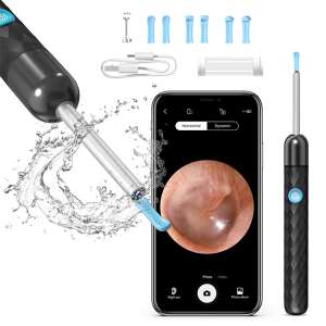 Smart Otoscope with 5MP Full HD camera and LED light, Wi-Fi enabled, waterproof, ear cleaning tool with multiple attachments, black - Cotton Swab, Cotton Pad