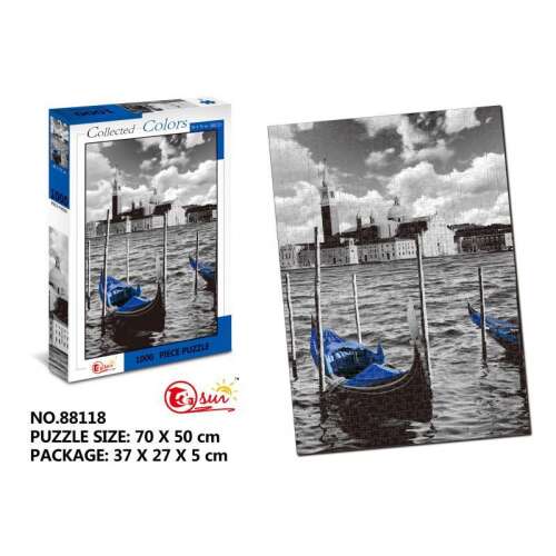 1000 darabos kirakós játék egy fekete-fehér képből, amely egy gondolát ábrázol Velencében, Olaszországban