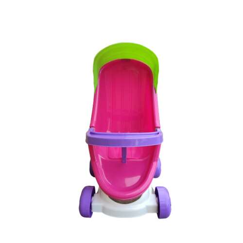 Rózsaszín játék babakocsi zöld napellenzővel és lila kerekekkel