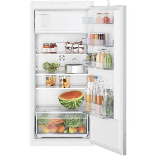 Bosch KIL42NSE0 built-in refrigerator with freezer compartment, open door view, showing shelves and drawers