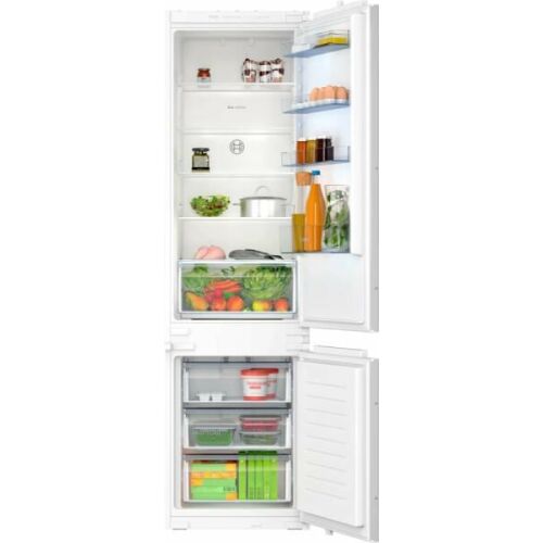 Bosch KIN96NSE0 built-in refrigerator with open doors showing interior compartments