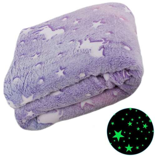 Purple glow in the dark unicorn and stars blanket, 150 x 180 cm