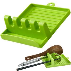 Grüner Silikon-Küchenutensilienhalter mit 4 Schlitzen für Löffel, Spatel und Essstäbchen sowie einem Deckelhalter - Lagerung & Organisation