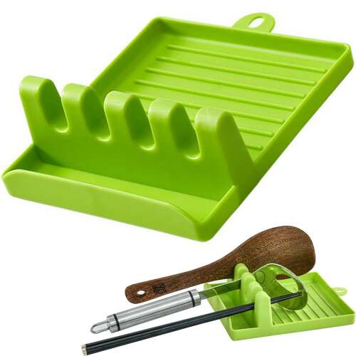 Suport pentru ustensile de bucătărie din silicon verde, cu 4 sloturi pentru linguri, spatule și bețișoare, și un suport pentru capac