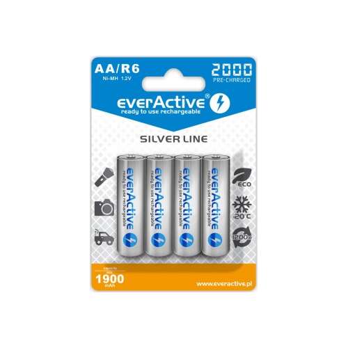 everActive 2000mAh akumulatory AA do ładowania, 4 sztuki, srebrna linia, wstępnie naładowane
