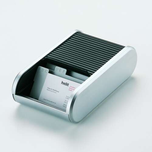 Helit business card holder, silver and black, 300 capacity, with alphabetical tabs