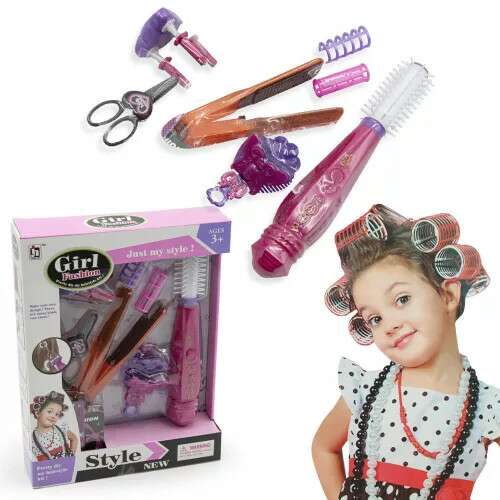 Lányoknak való hajszalon játékkészlet hajegyenesítővel, hajgöndörítővel, hajkefével, fésűvel, ollóval és egyéb kiegészítőkkel a szerepjátékhoz