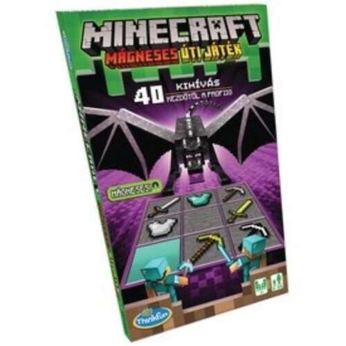 Minecraft mágneses utijáték - Doboz elülső oldala, a Végzet Sárkányával és a játék darabjaival