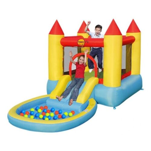 Castel gonflabil Happy Hop cu piscină în utilizare - copii care se joacă pe un castel gonflabil cu tobogan și piscină pentru copii