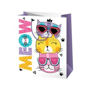 Geantă cadou Meow cu pisici, dimensiune medie, cu 3 pisici drăguțe cu ochelari de soare, perfectă pentru cadouri, cărți sau jucării - Ambalaje cadouri