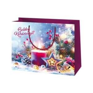 Geantă mare de cadouri de Crăciun cu inscripția "Boldog Karácsonyt!" cu un design festiv cu o lumânare, stele și ramuri de pin - Ambalaje cadouri