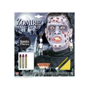 Zombi smink készlet kiegészítőkkel, tartalmaz arcfestéket, műfogsort, csontvázas fülbevalót és még sok mást - Arcfesték