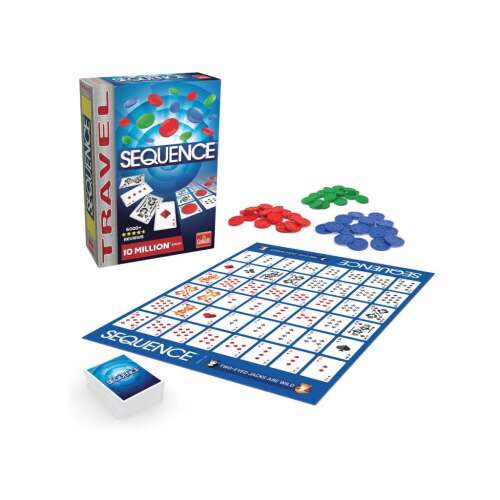 Sequence Travel társasjáték, játéktábla, kártyák és zsetonok