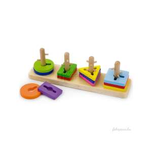 Joc de sortare a formelor din lemn pentru bebeluși, cu forme colorate și o bază cu știfturi pentru stivuire - Jocuri de sortare a formelor