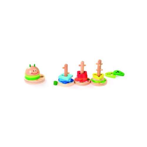 Wooden shape sorting stacking toy for toddlers, featuring a caterpillar design with different colored shapes to stack on each section