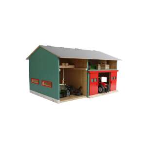 Kids Globe Warsztat z magazynem 1:32 skala drewniany budynek zabawowy z czerwonymi drzwiami i zielonymi ścianami - Akcesoria dla lalek