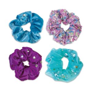 GALT Sparkly Scrunchies DIY Kit - Four finished hair ties in blue, purple, and pink - Galt