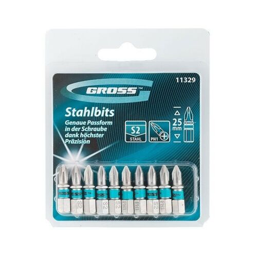 GROSS PH1x25mm Csavarhúzó Bit Készlet, 10 darabos, S2 Acél - Gross