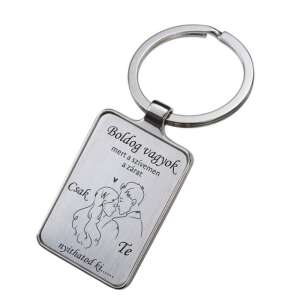 Gravírozott fém kulcstartó pár képpel és a "Boldog vagyok mert a szívemen a zárat csak Te nyithatod ki..." felirattal - Ajándék kulcstartó