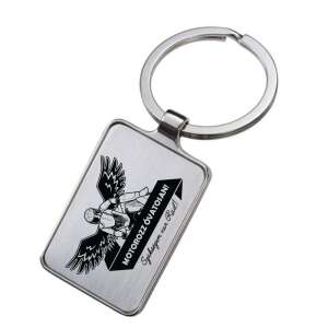 Motoros kulcstartó, rajta egy szárnyas motoros és a "Motorozz óvatosan!" felirat - Ajándék kulcstartó