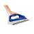 Hand holding Tefal Virtuo FV1711 steam iron, white and blue, with Durilium soleplate