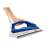 Hand holding Tefal Virtuo FV1711 steam iron, white and blue, with Durilium soleplate