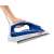 Hand holding Tefal Virtuo FV1711 steam iron, white and blue, with Durilium soleplate