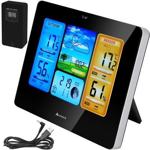 Izoxis 22452 wireless weather station with indoor and outdoor temperature, humidity, pressure, moon phase, clock, date, and weather trend indicators