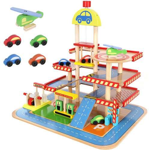 Kruzzel Wooden Parking Garage with 4 Cars, Helicopter, Gas Station, Car Wash, and 3 Levels
