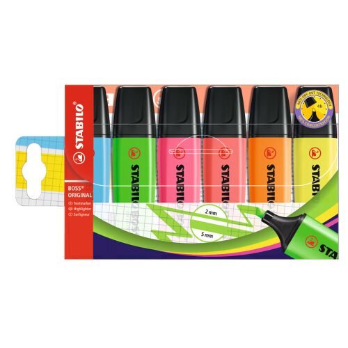 Szövegkiemelő készlet, 2-5 mm, STABILO "BOSS original", 6 különböző szín 170825332 - Szövegkiemelő