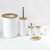 White bathroom set with 6 pieces, including a soap dish, soap dispenser, toothbrush holder, tumbler, toilet brush and wastebasket