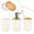 White bathroom set with 3 pieces, including a soap dispenser, toothbrush holder and tumbler