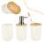 White bathroom set with 3 pieces, including a soap dispenser, toothbrush holder and tumbler