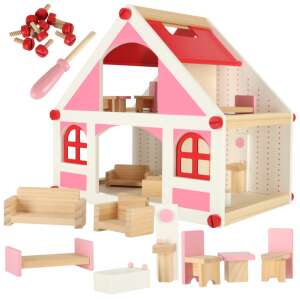 Fából készült babaház fehér és rózsaszín + bútorok 36cm 79091727 Babaház