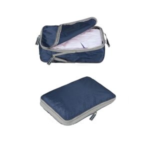 Quasar & Co. dark blue luggage organizer set, open and closed view - Luggage Accessory
