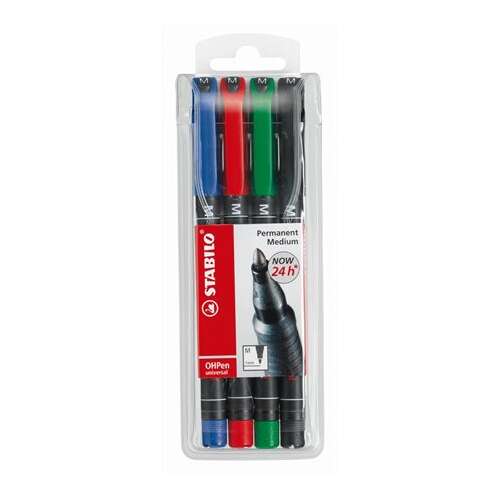 STABILO OHPen M Permanentmarker, 4er Pack, mittel, blau, rot, grün, schwarz