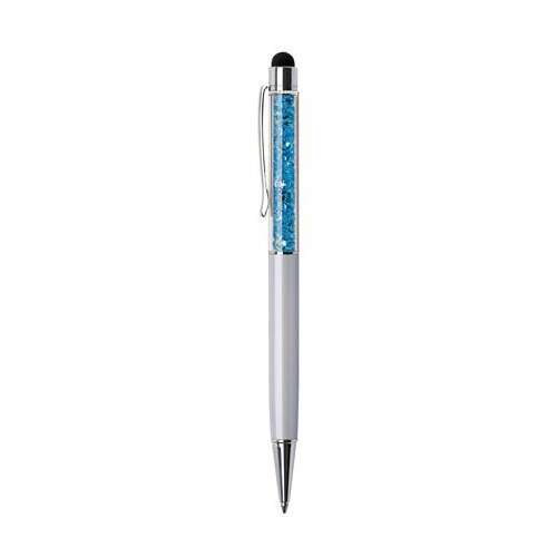 Kugelschreiber, cremeweiß mit aquablauen SWAROVSKI®-Kristallen, TOUCH, 14 cm, ART CRYSTELLA® 81311019