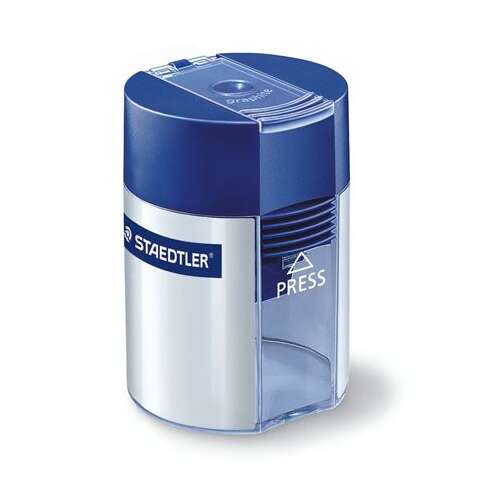 Staedtler 511 blue pencil sharpener with shavings container