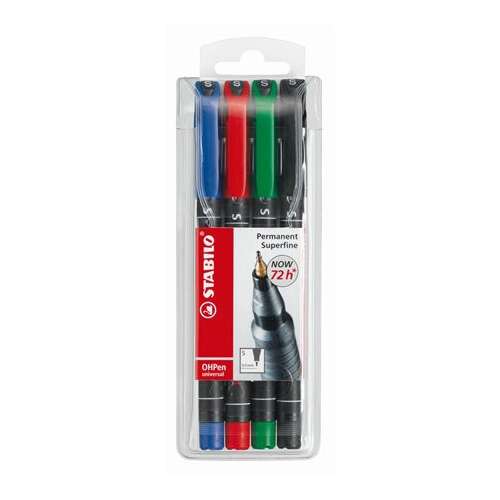 STABILO OHPen S permanent superfine markers, 4 pack, blue, red, green, black