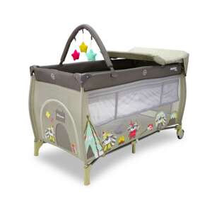 Asalvo Complet 2-level travel cot with Racoon design in green and brown, featuring a changing table, toy arch, and wheels - Asalvo